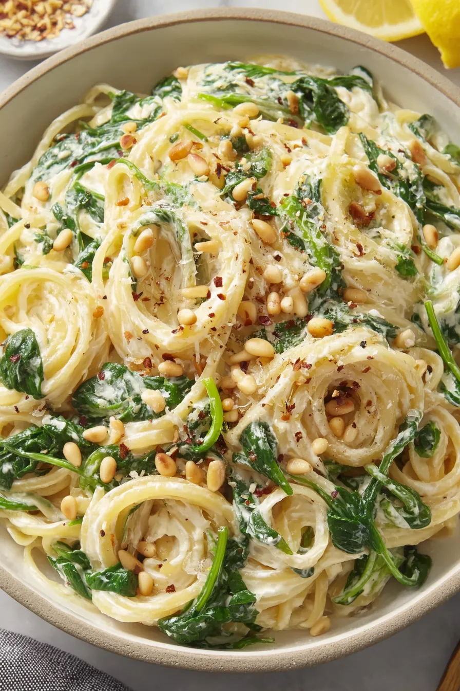 Creamy lemon ricotta pasta plated