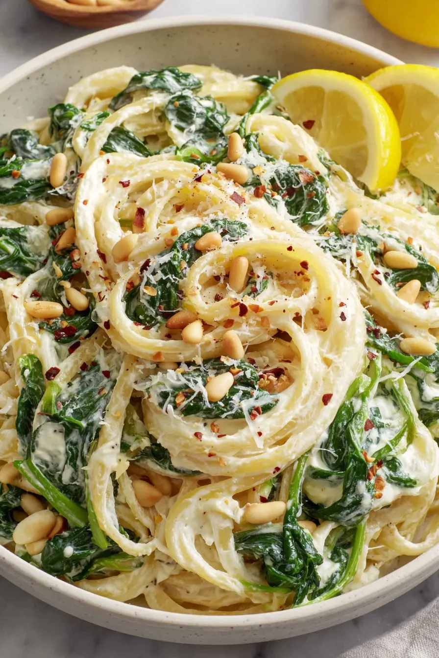Close-up of ricotta sauce and toasted pine nuts