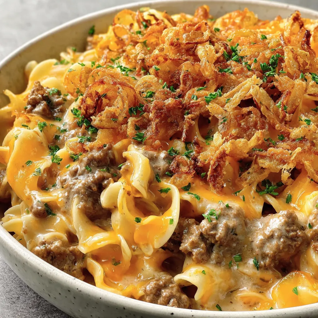 Cheesy Beef and Noodle Casserole with Crispy French Onions
