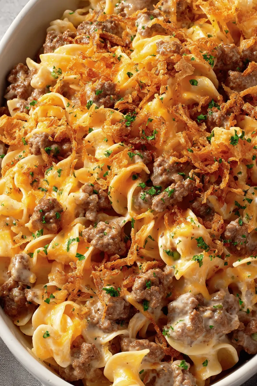 Cheesy beef and noodle casserole with a golden crunchy top