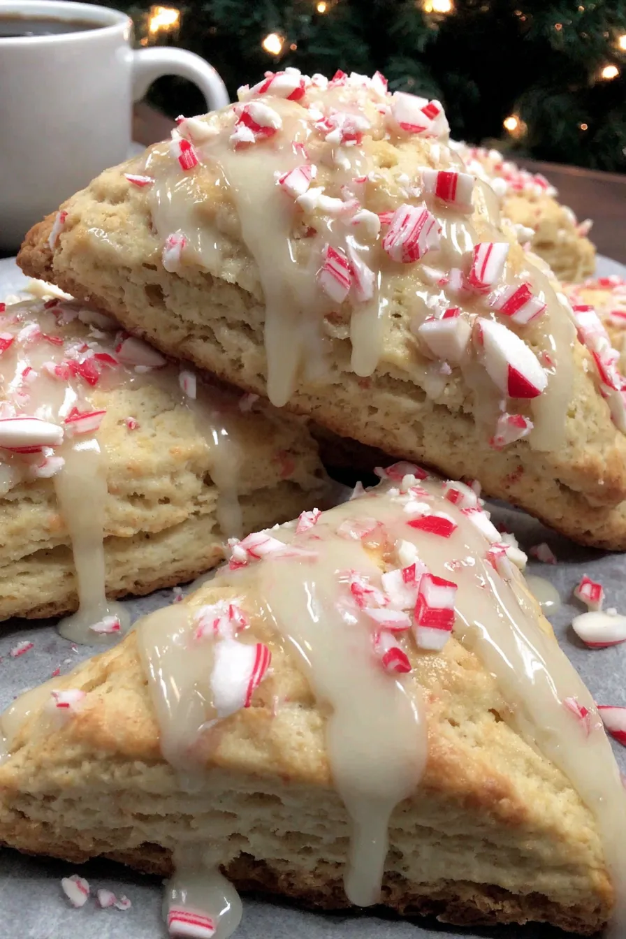Freshly baked peppermint white chocolate scones on a cooling rack