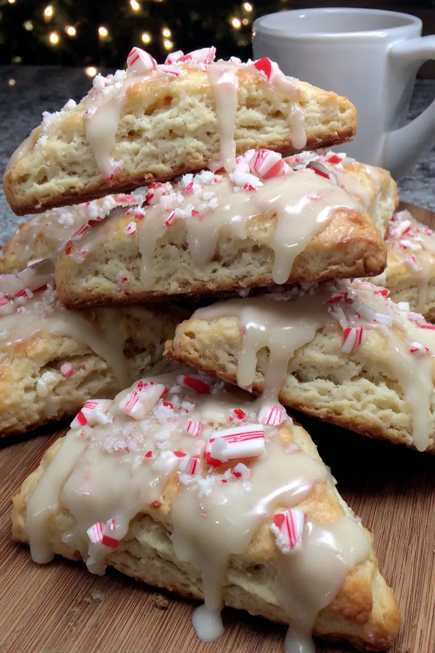 Close-up of a scone drizzled with white chocolate and sprinkled with peppermint