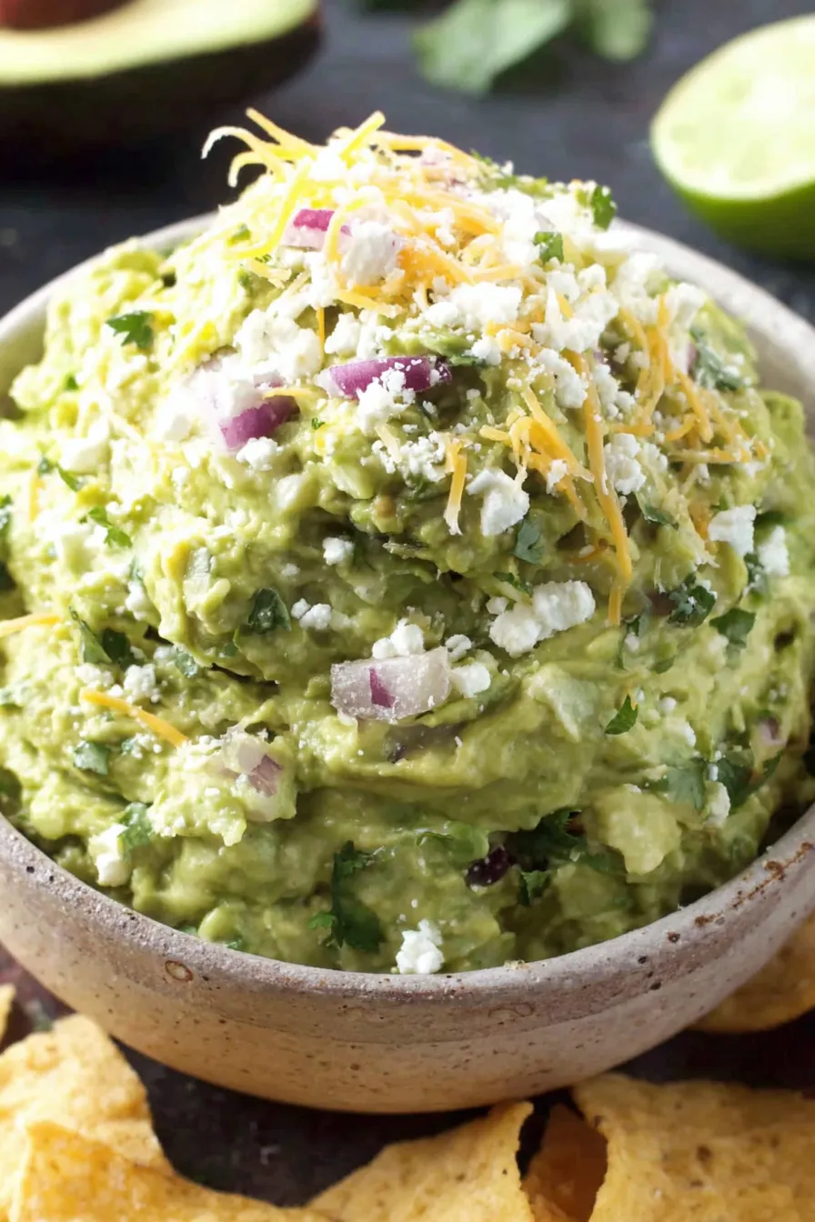 Cheesy guacamole in a bowl with tortilla chips