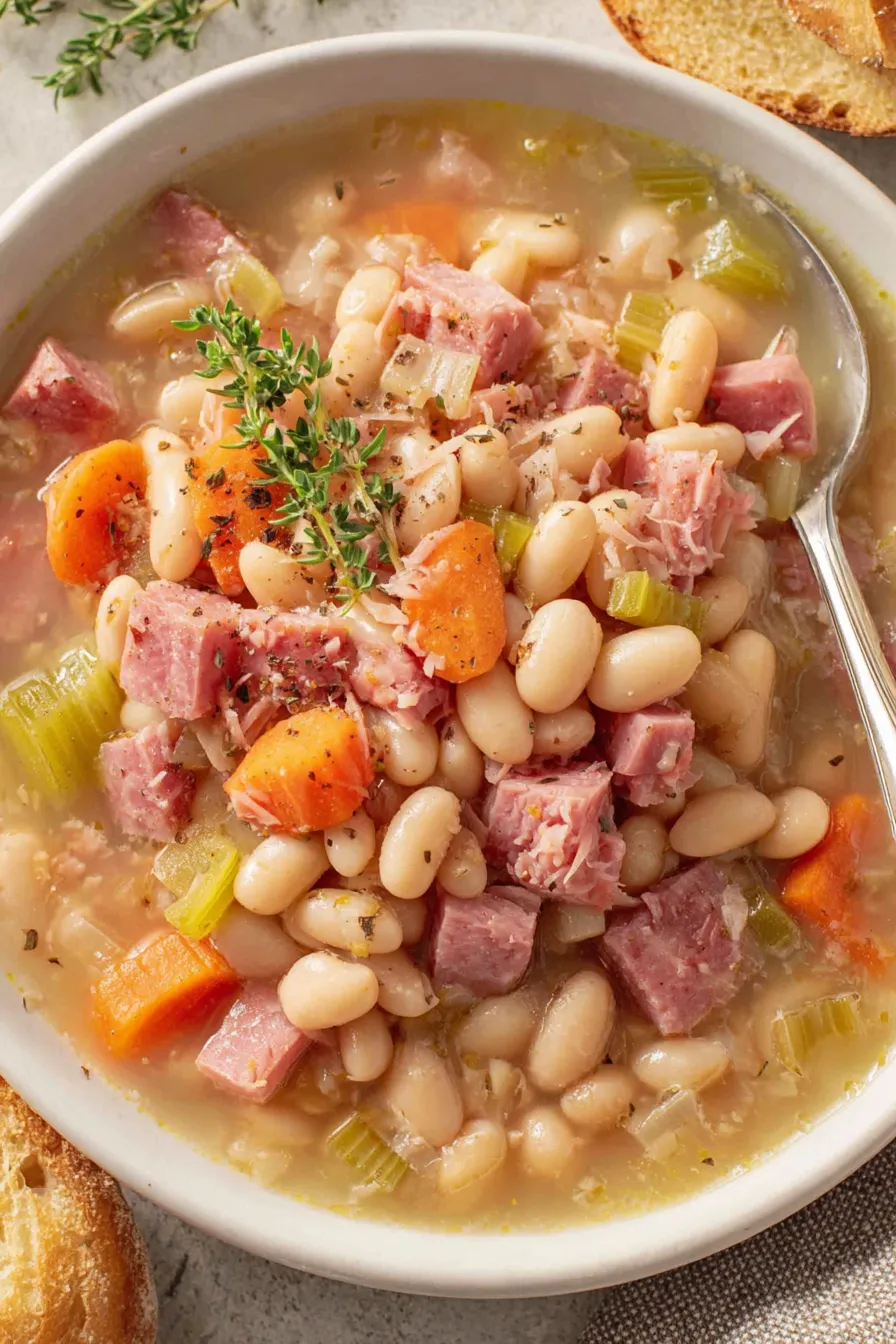 Bowl of white bean and ham soup with bread