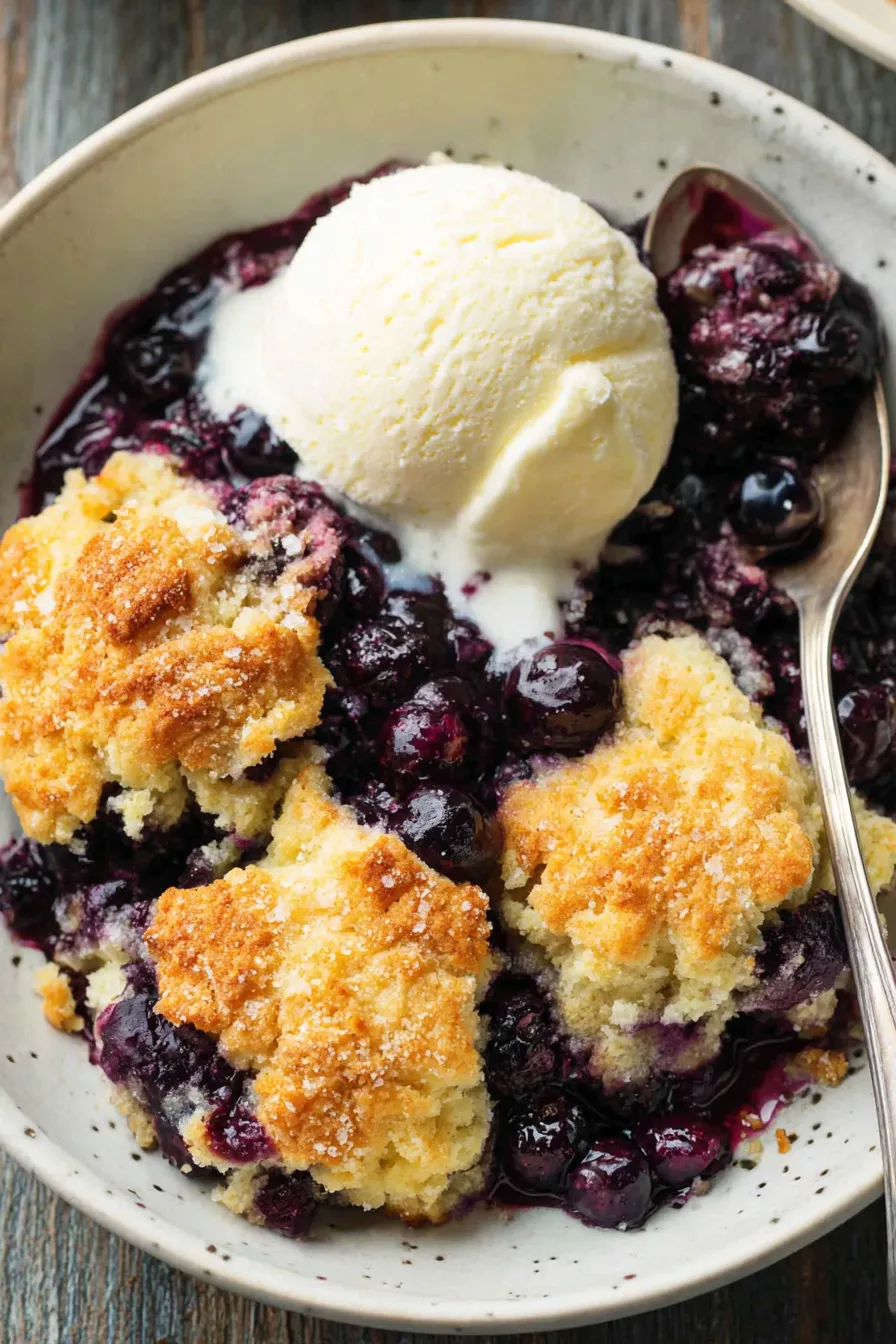 Bubbly blueberry cobbler just out of the oven