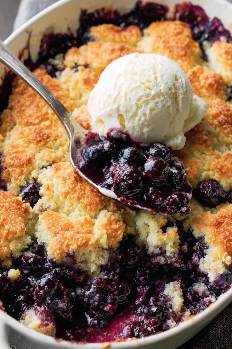 Serving suggestion of blueberry cobbler with ice cream