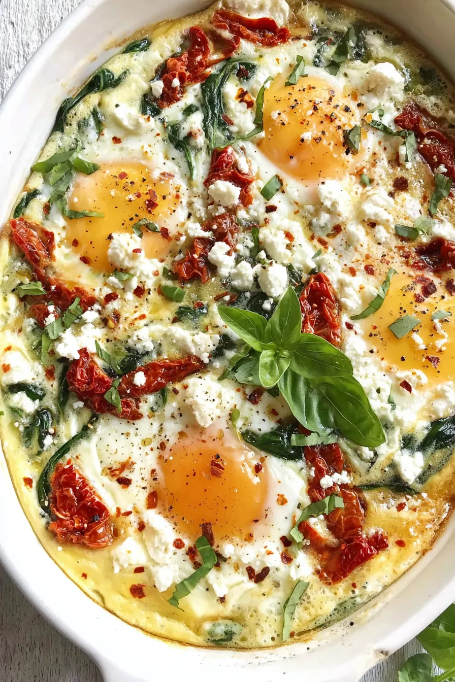Spinach and Feta Egg Bake in dish before serving