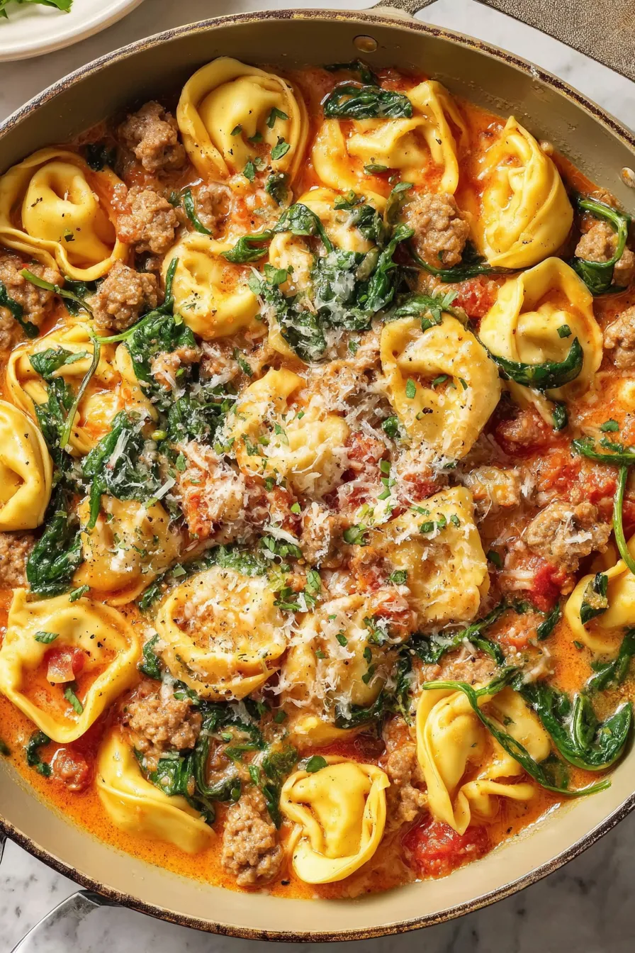Sausage and cheese tortellini in skillet with tomato cream sauce