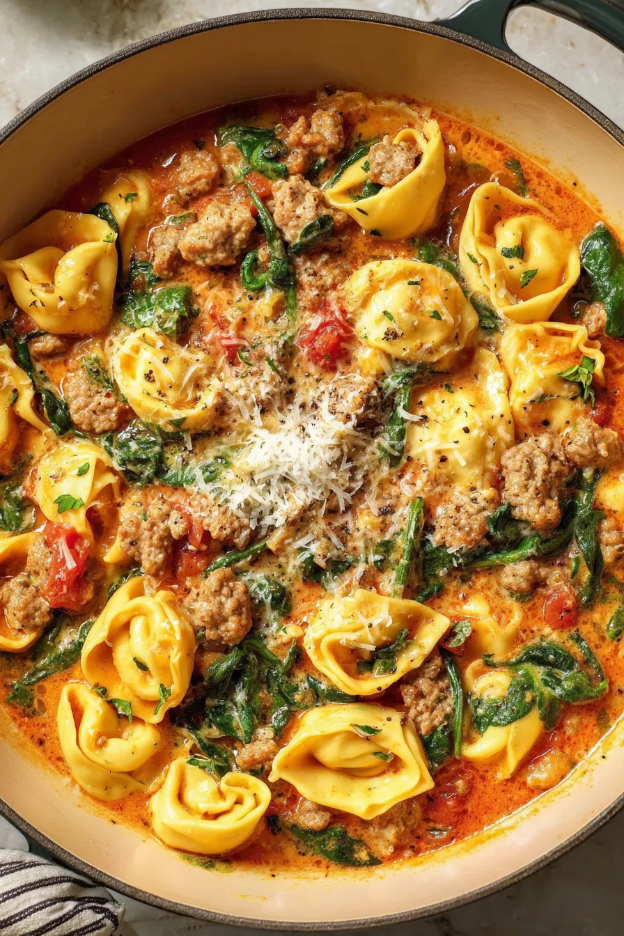 Close up of creamy tortellini and sausage with spinach