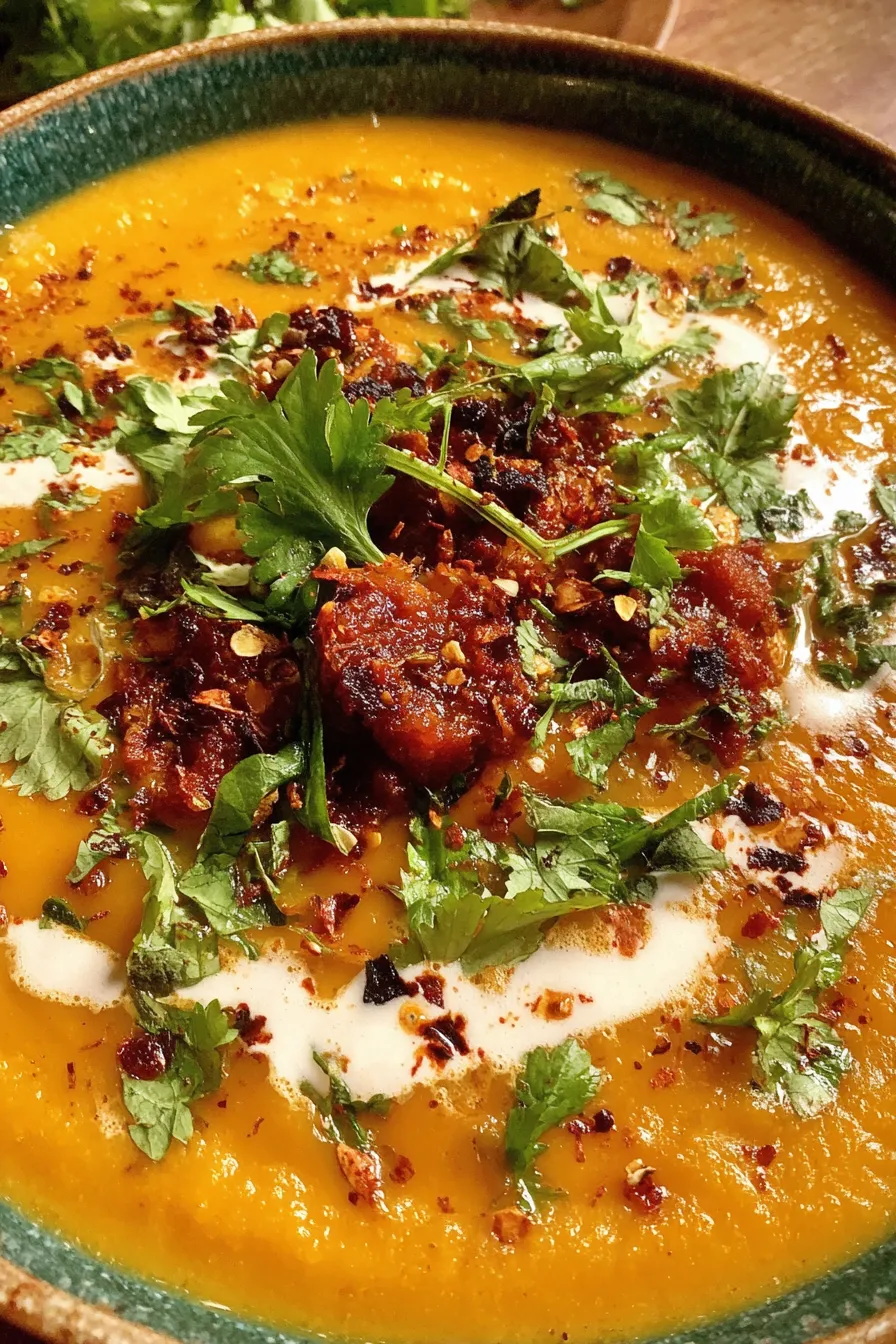 Bowl of spicy chorizo pumpkin soup with cilantro