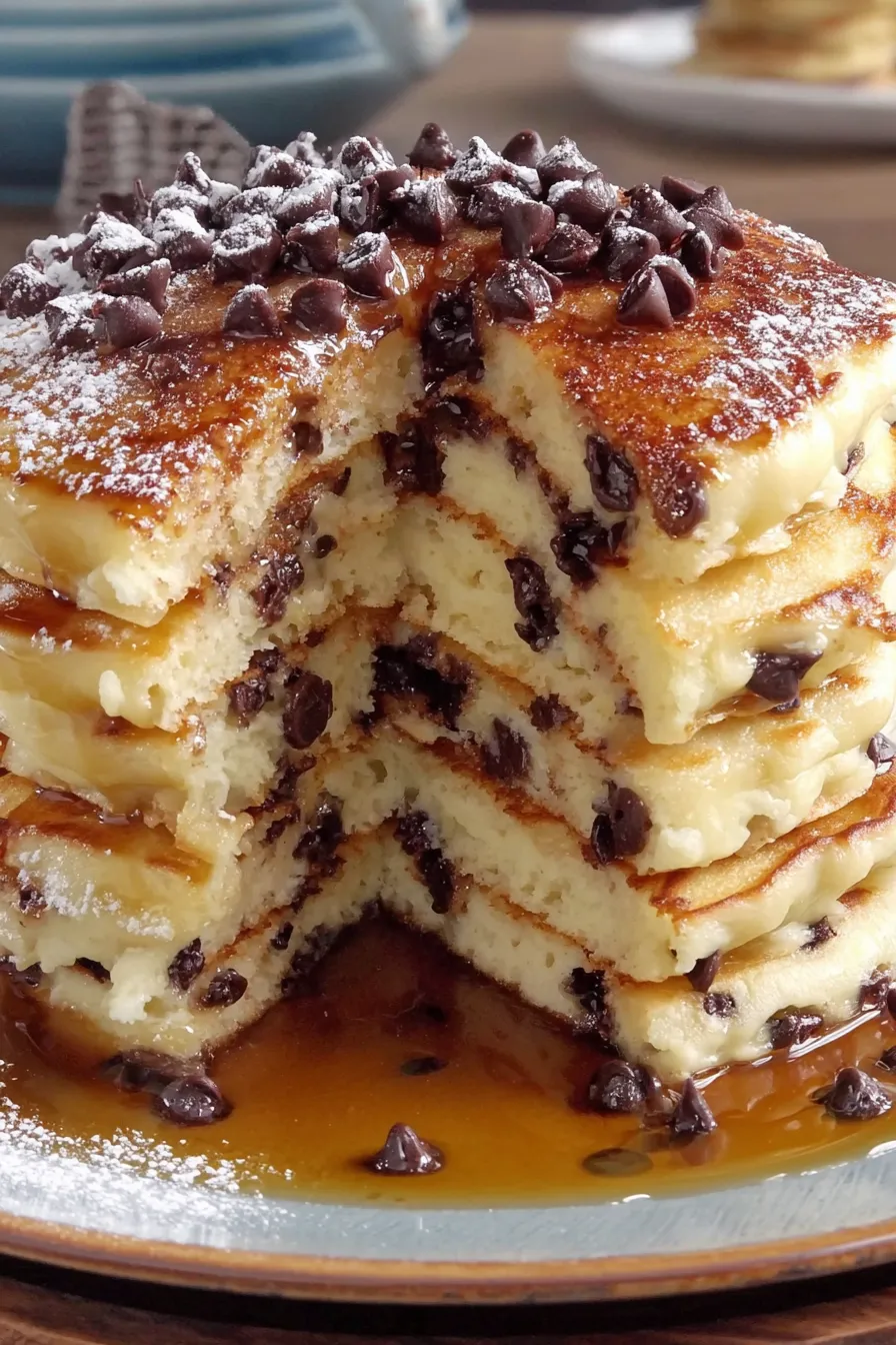 stack of chocolate chip pancakes on plate with syrup