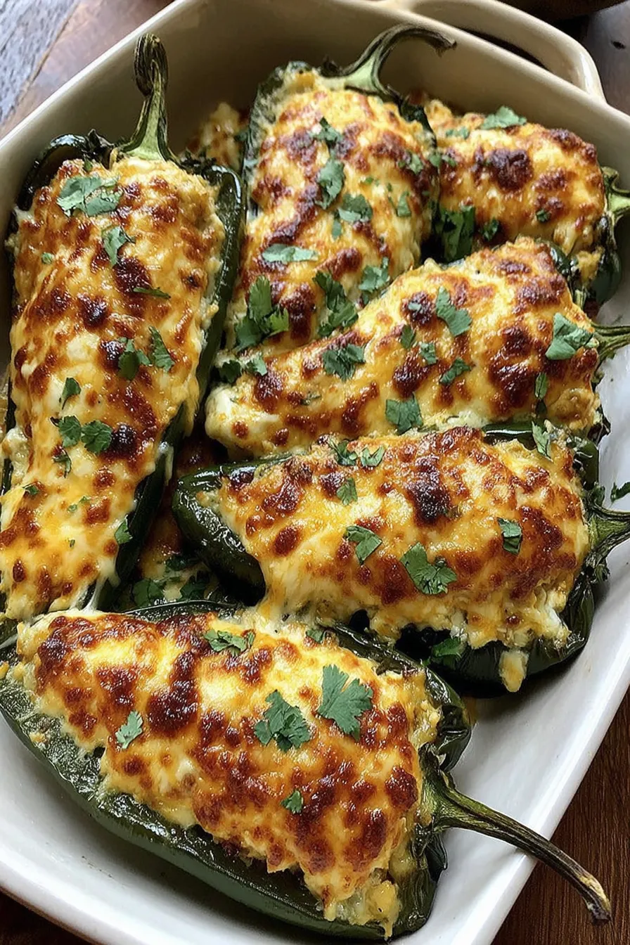 Roasted poblano peppers stuffed and arranged in baking dish