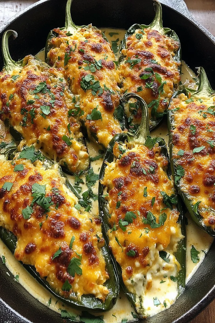 Plated baked chili rellenos with garnish and lime