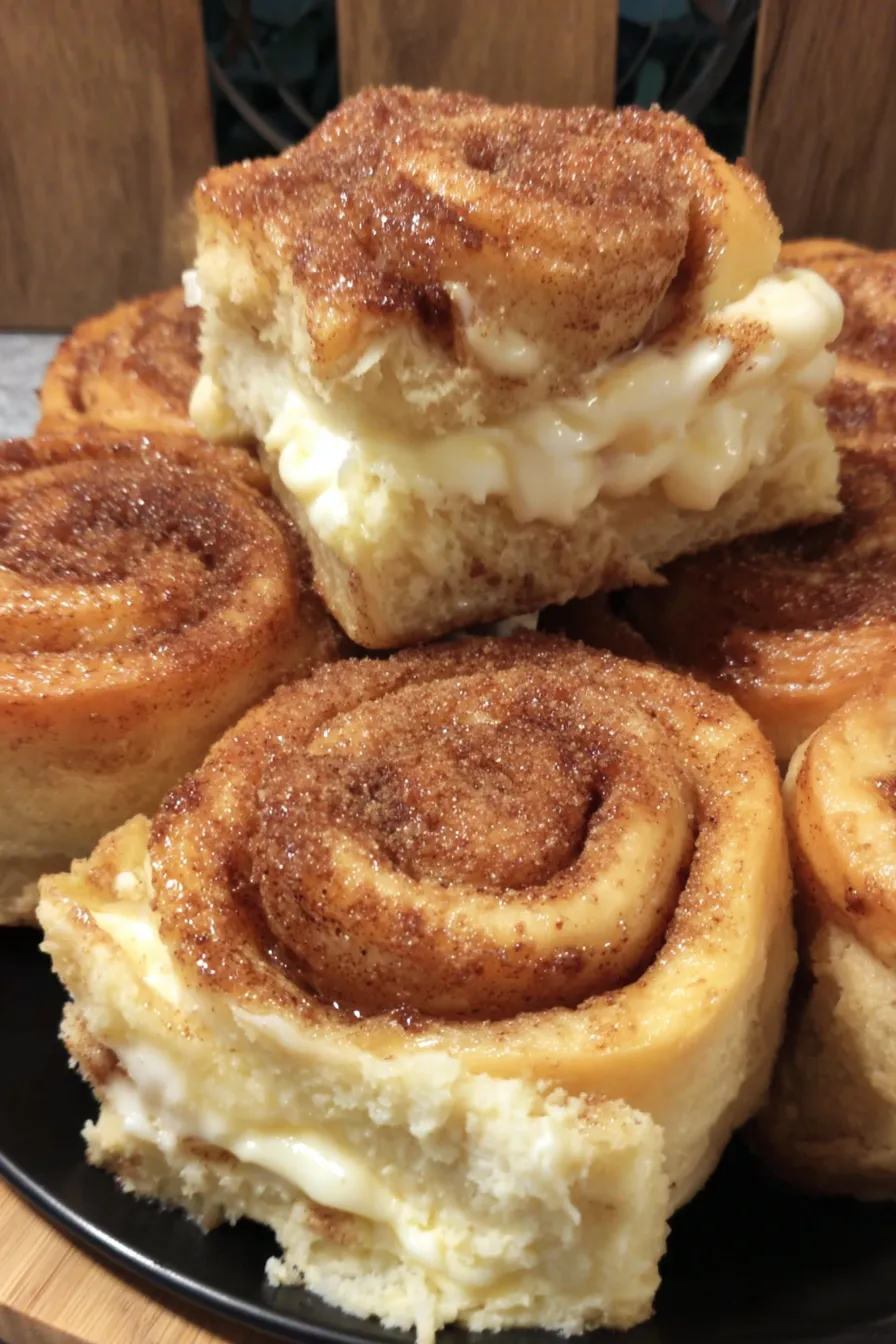 A close up of a cinnamon sugar roll split open showing cream cheese filling