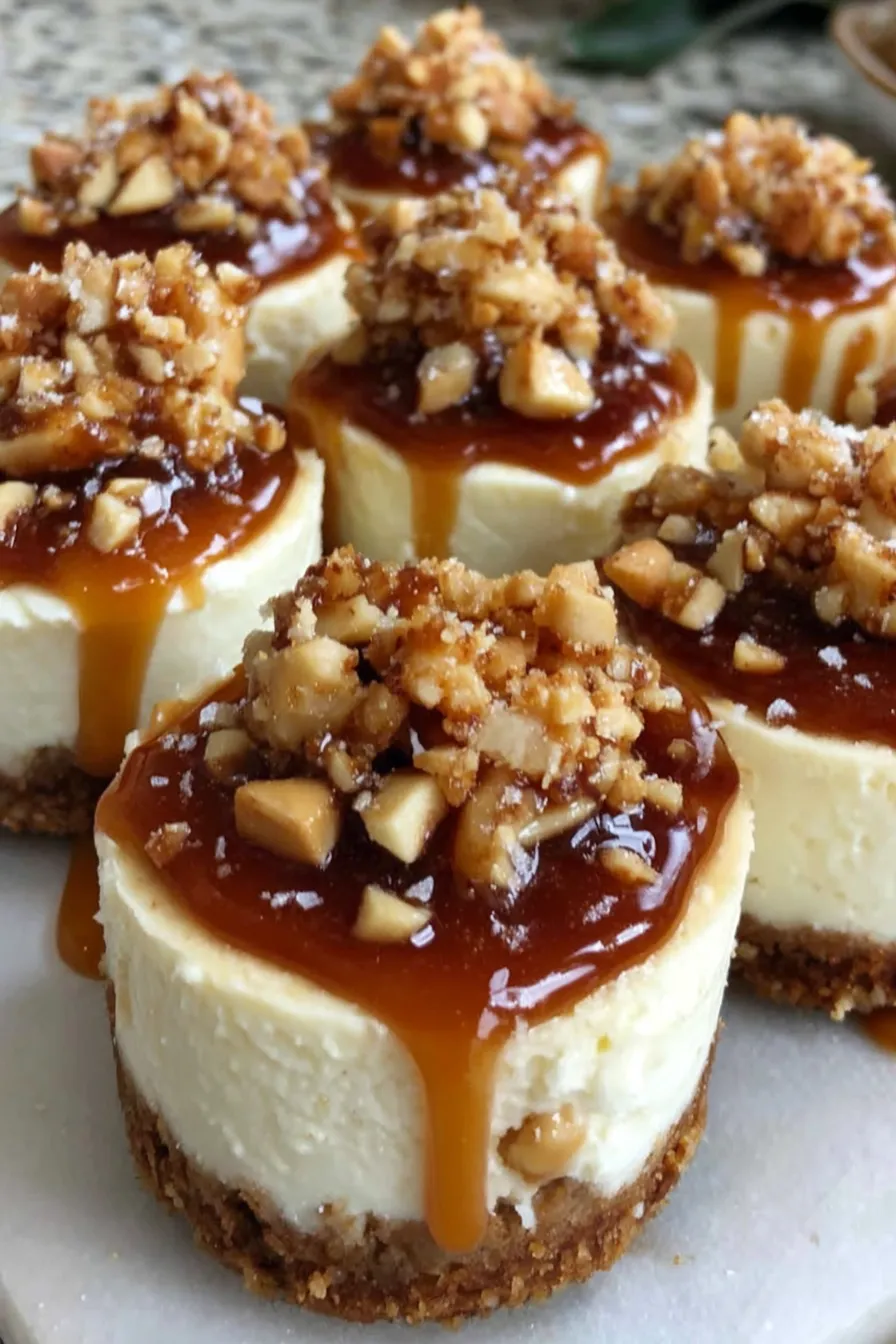 Mini cheesecakes on a cooling rack with caramel drizzle