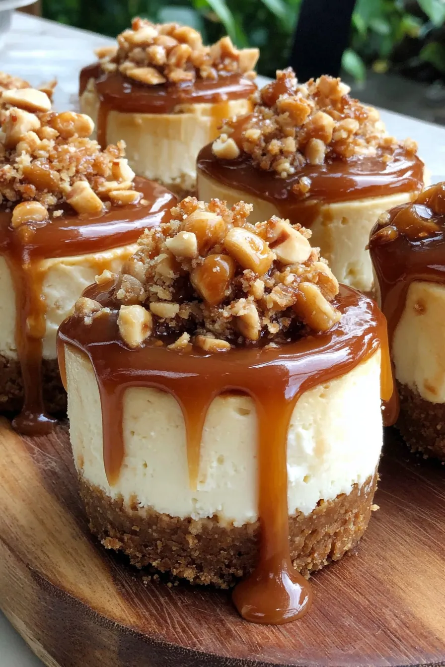 Close-up of peanut butter caramel drizzled over mini cheesecakes