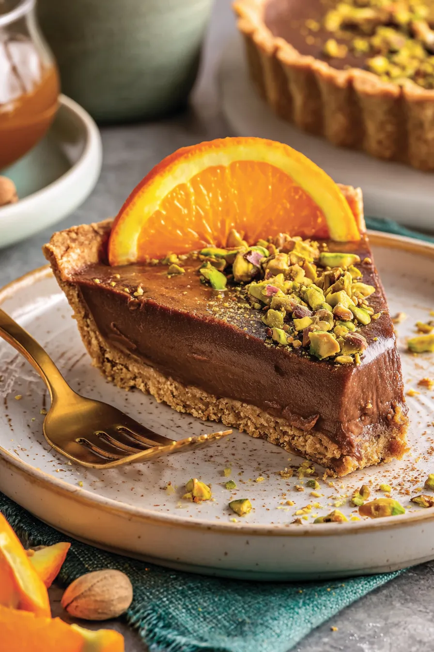 Chocolate tart with orange marmalade and pistachios close-up