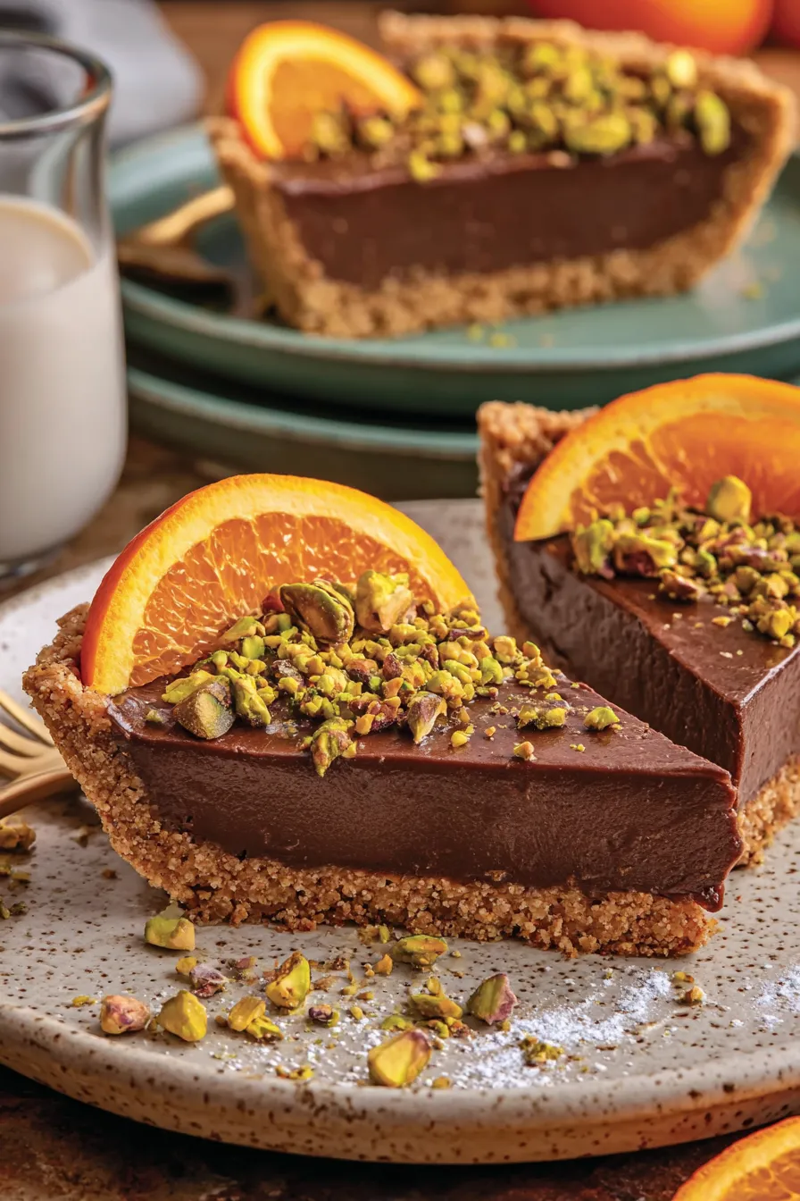 Sliced chocolate tart with orange and pistachios on table