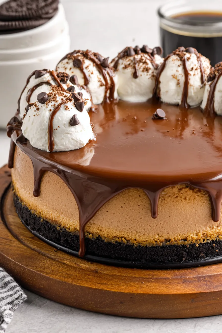 Sliced mocha cheesecake on a cake stand