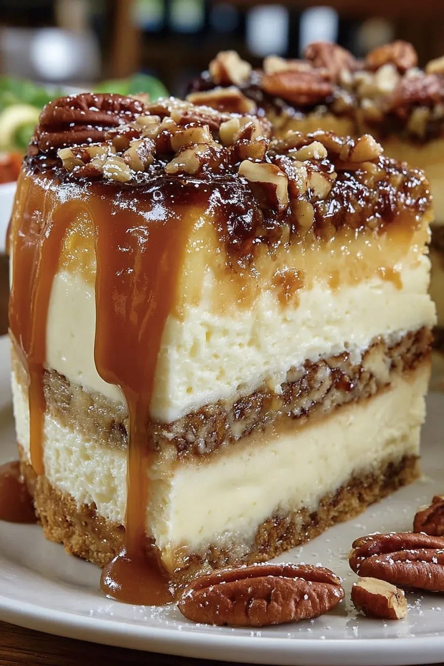 Top view of Crème Brûlée Caramel Pecan Cake with caramel drip