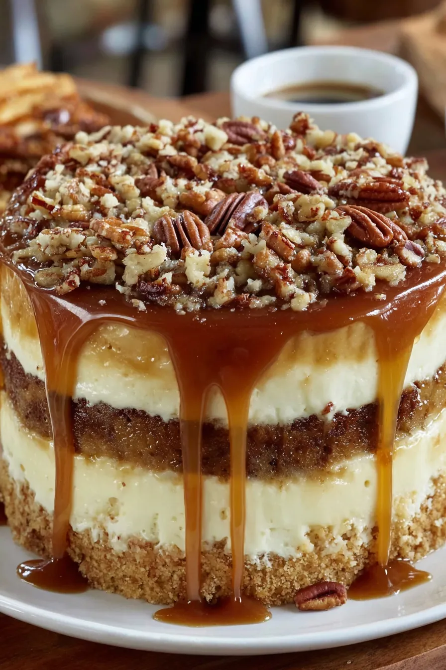 Slice of cake showing layers and pecans