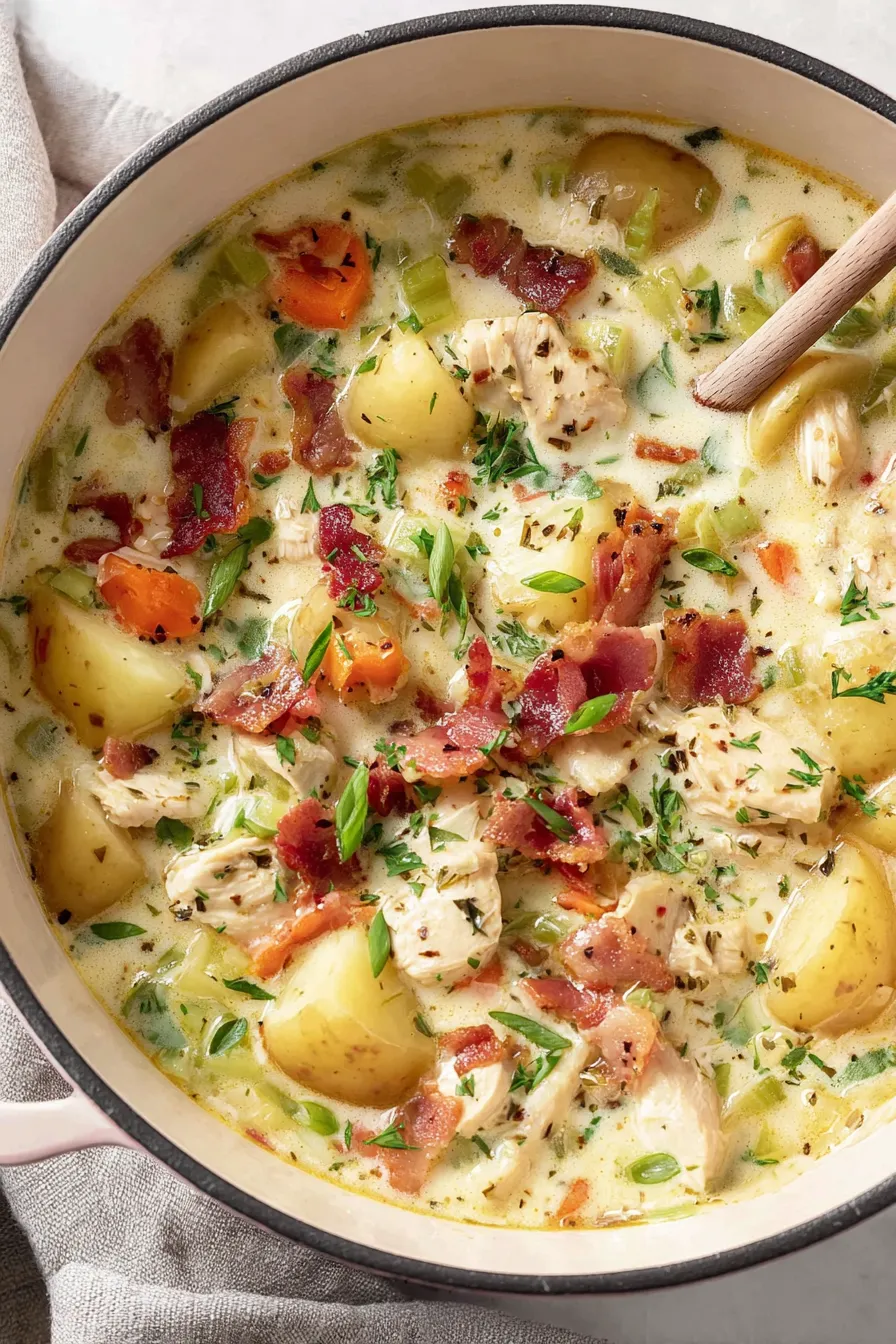 Bowl of chicken potato soup with bacon and green onions