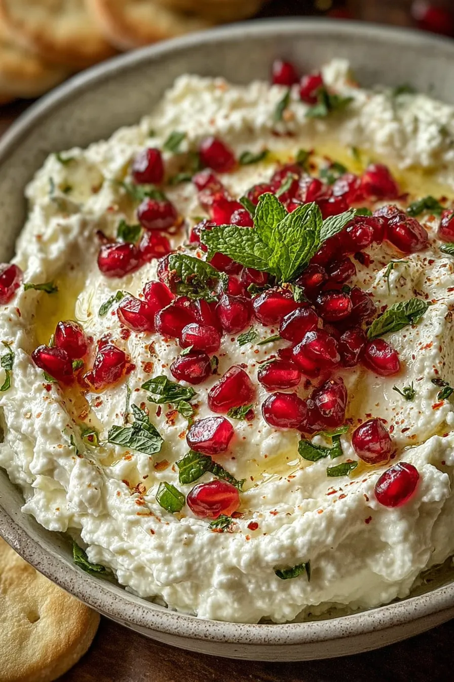 Pomegranate feta cheese dip on a serving plate with pomegranate arils and mint