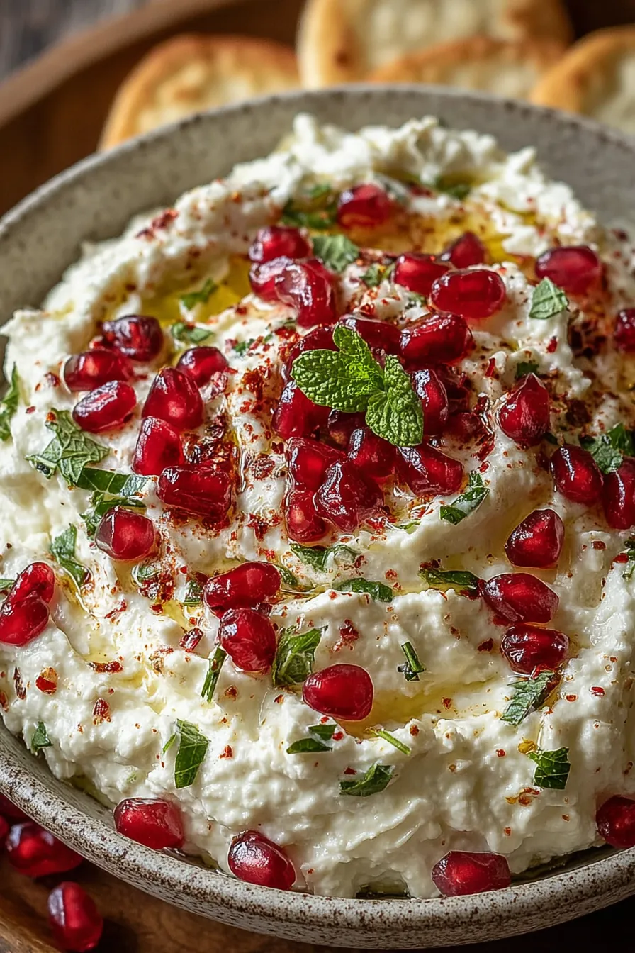 Close up of dip being garnished with mint and pomegranate seeds
