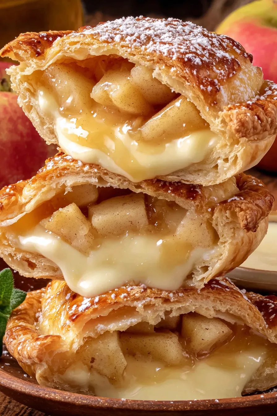 Two golden cheesecake-stuffed apple hand pies on a cooling rack