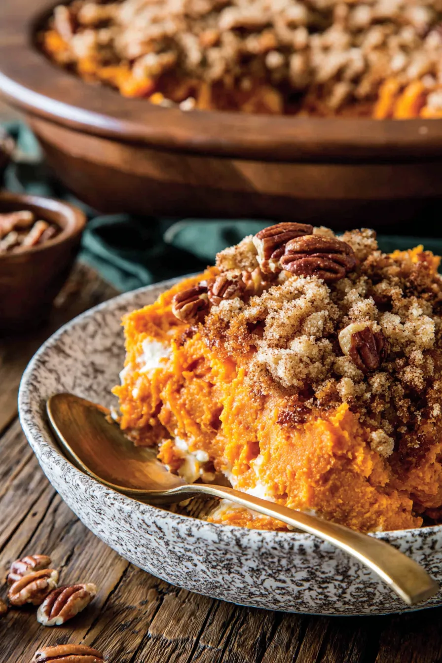 Sweet potato casserole fresh from oven with pecan topping