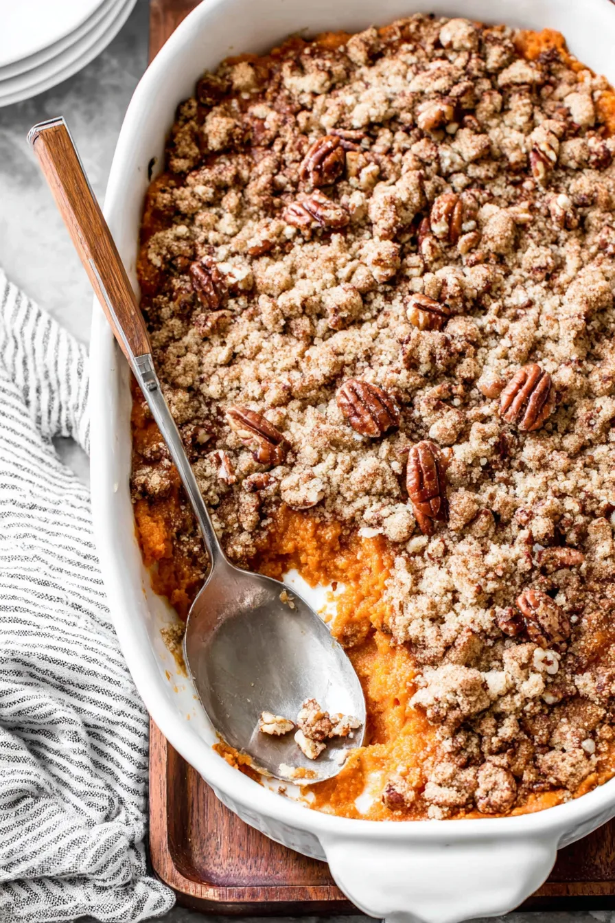 Close up of pecan streusel topping on sweet potato casserole