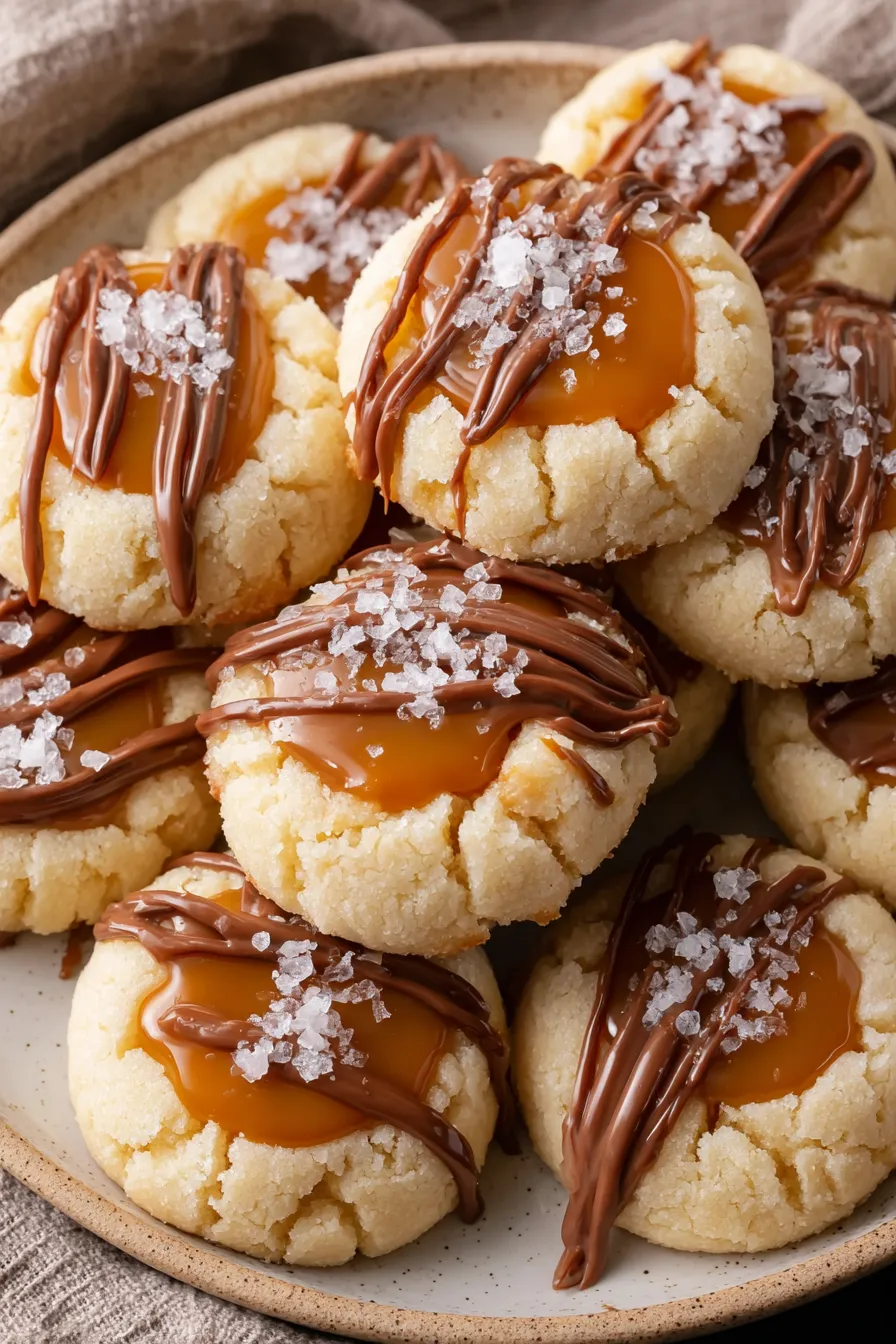 Twix thumbprint cookies on parchment with caramel centers