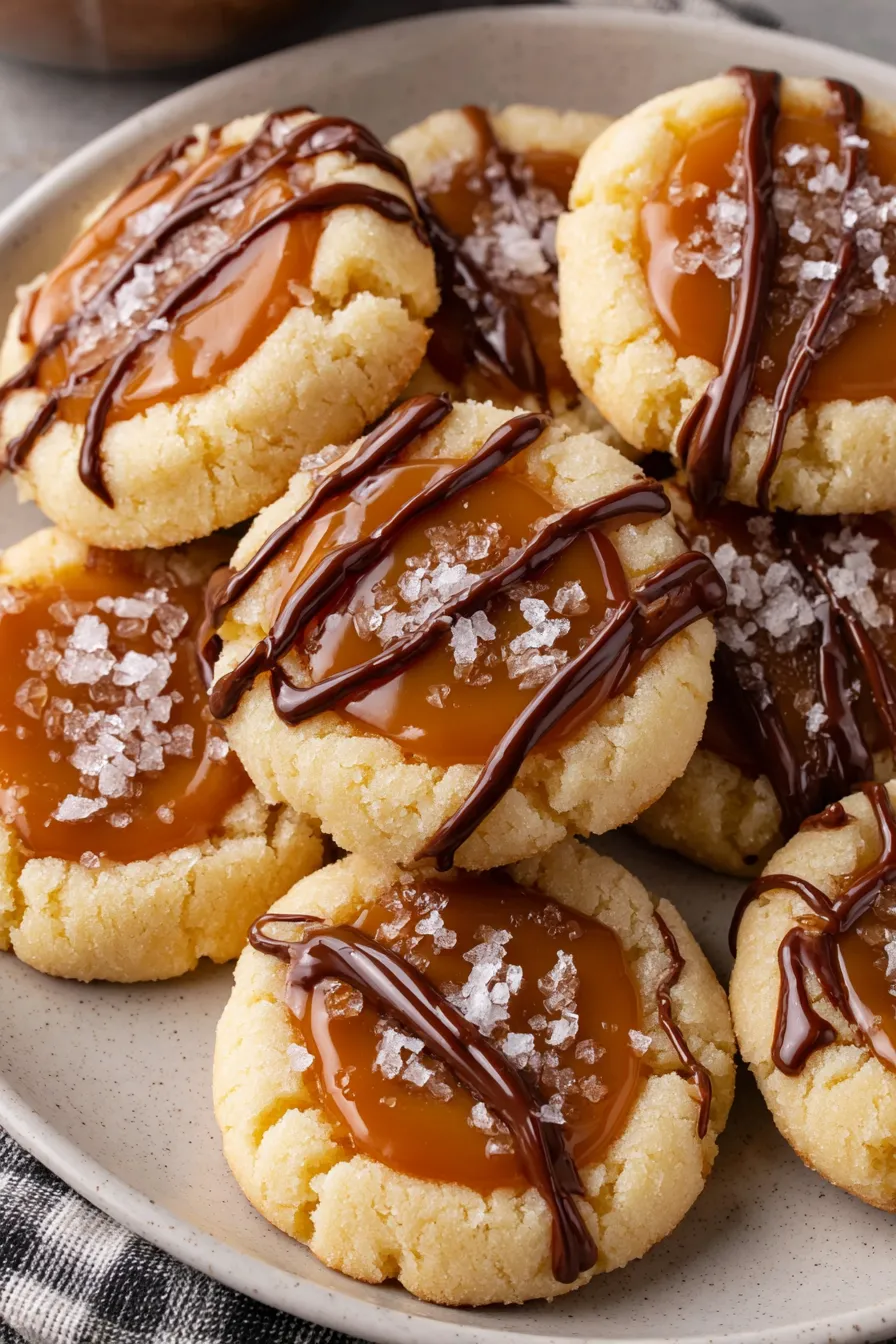 Close-up of dipped Twix thumbprint cookie with flaky salt