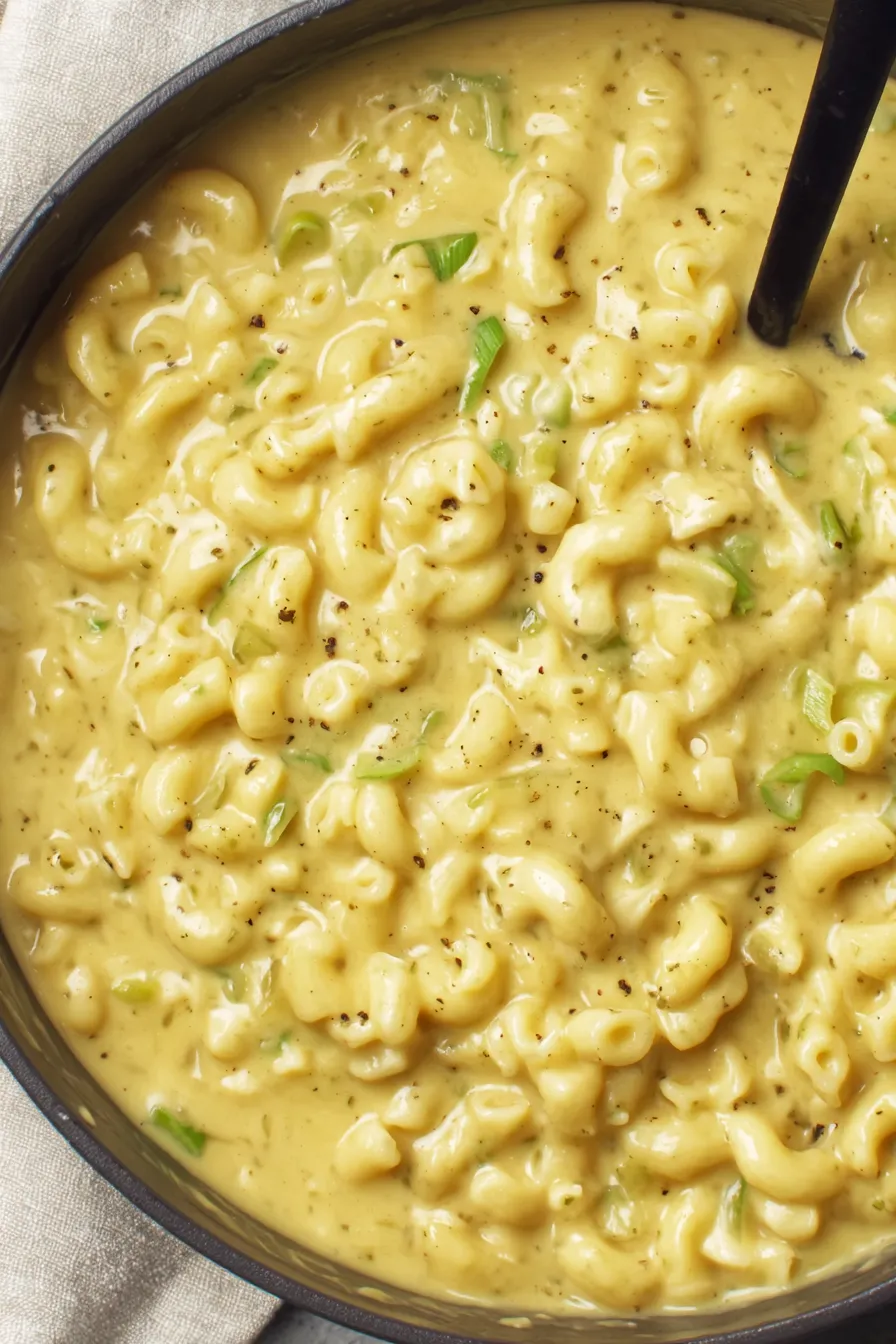 A ladle scooping creamy mac and cheese soup from a pot