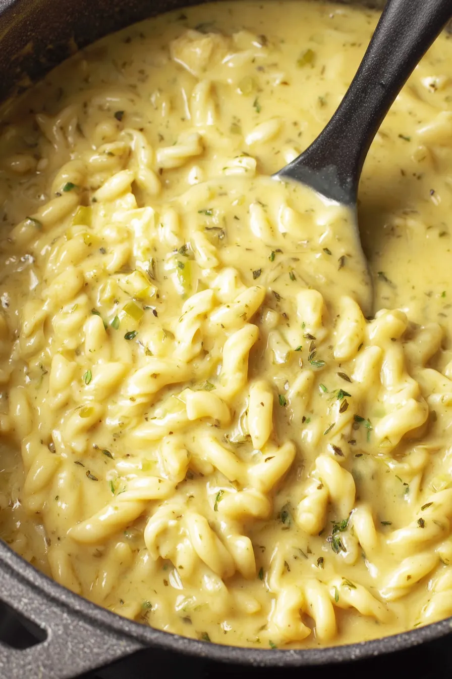 Bowl of mac and cheese soup garnished with cracked pepper