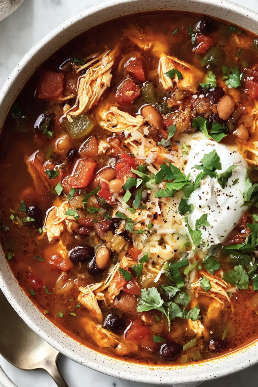 A pot of leftover turkey chili simmering with tomatoes and beans
