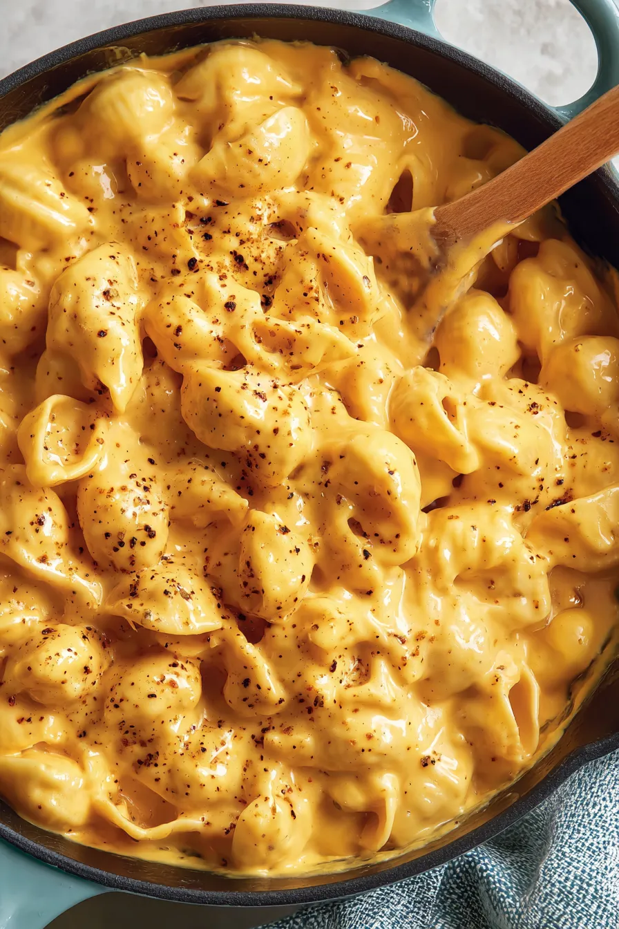 Creamy Velveeta and shells in a Dutch oven