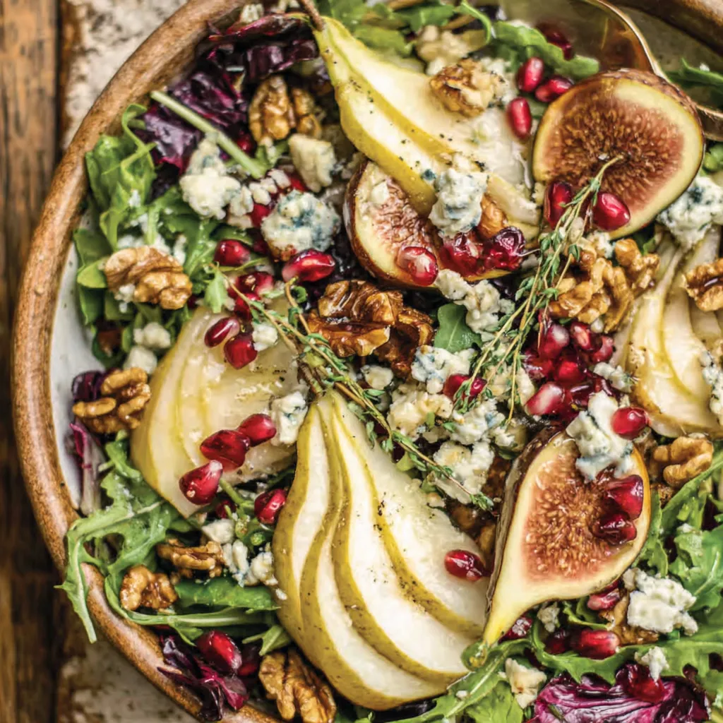 Pear, Fig & Blue Cheese Salad with Walnut-Pomegranate Vinaigrette