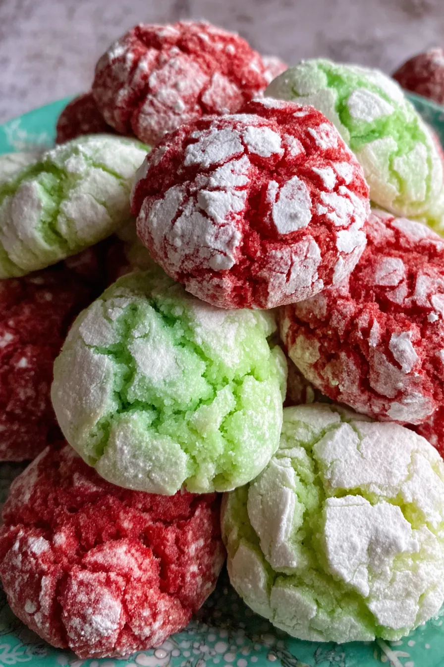 Red and green crinkle cookies on a baking sheet