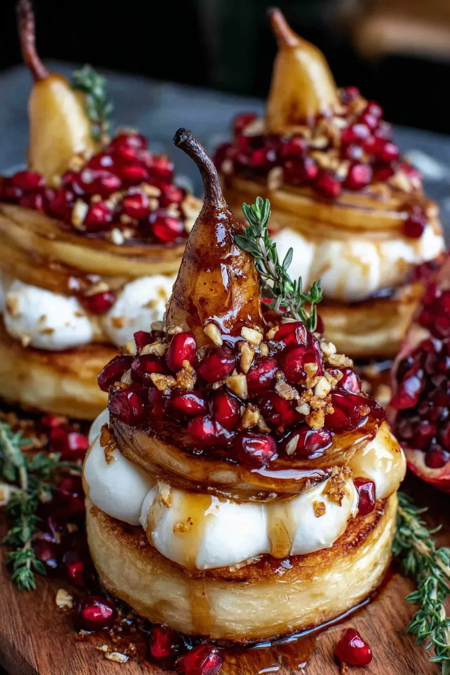 Poached pear slices in a pan with spices