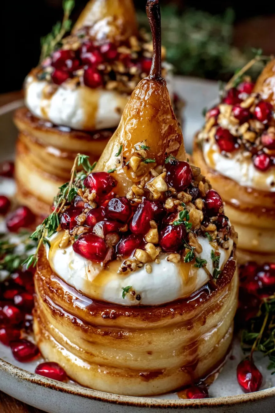 Assembled pear and burrata towers plated with pomegranate and macadamia