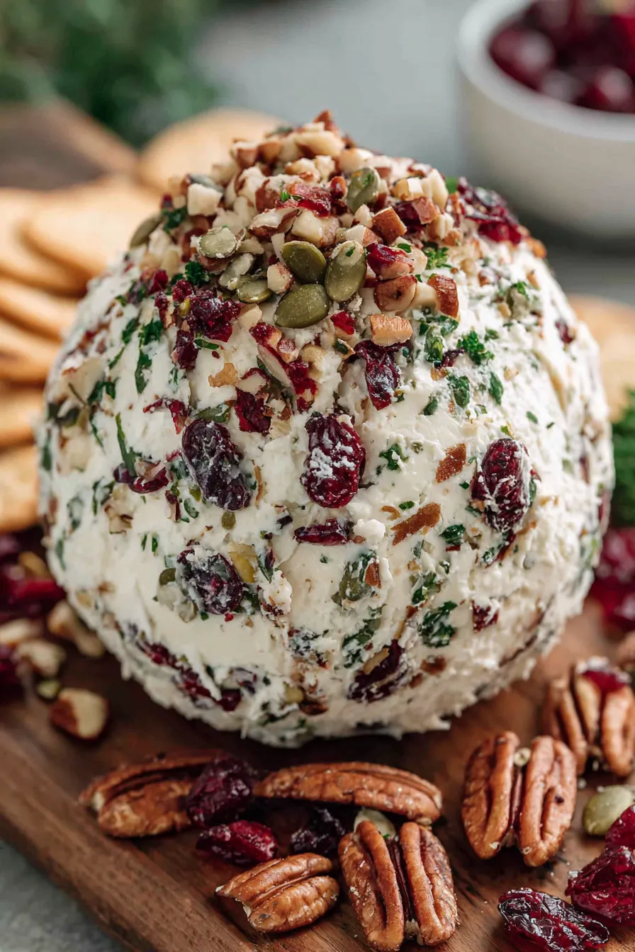 Cheese ball on a serving platter with crackers