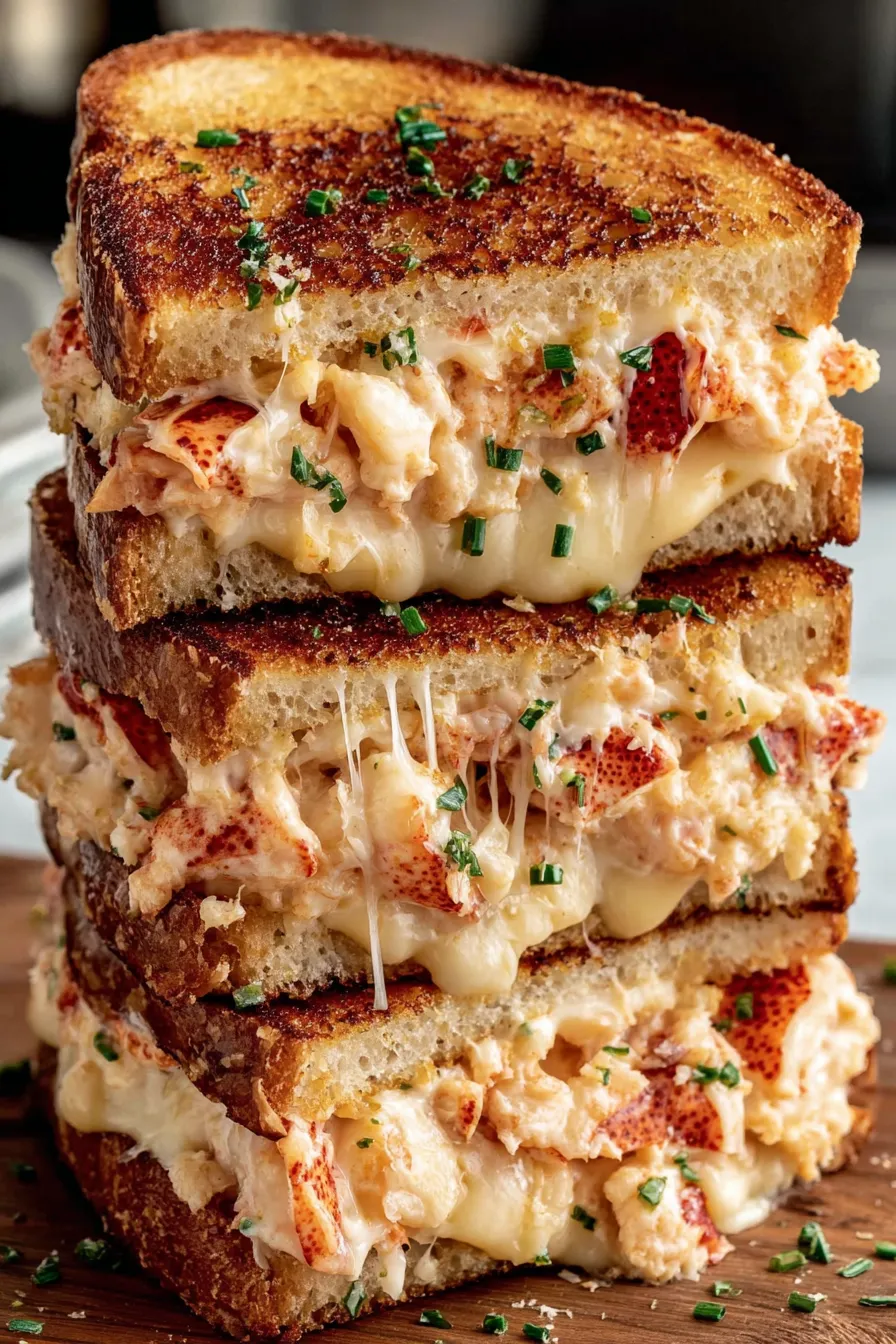 Two halves of lobster grilled cheese with melted cheese pull