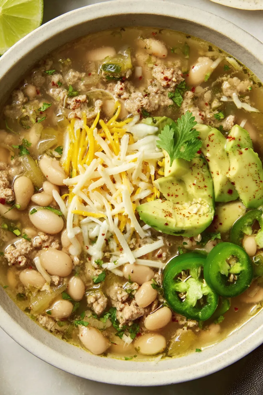 Bowl of white turkey chili with avocado and cilantro