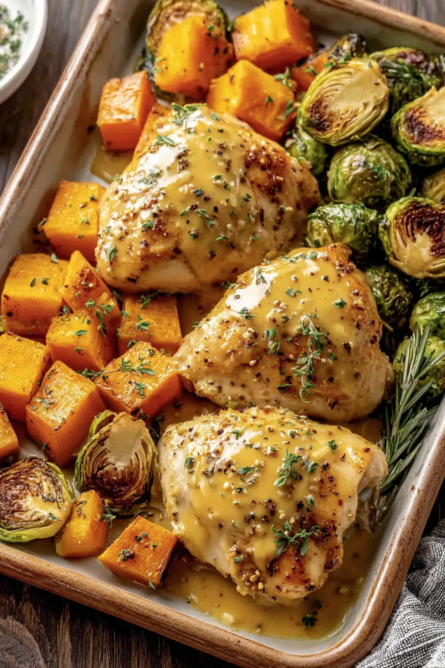 Honey Dijon chicken and roasted vegetables on a sheet pan