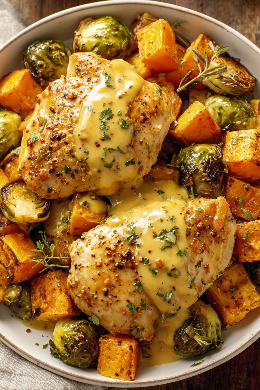 Plated honey Dijon chicken with roasted sweet potatoes and Brussels sprouts