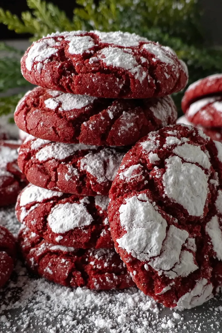 Red velvet crinkle cookies cooling on a rack