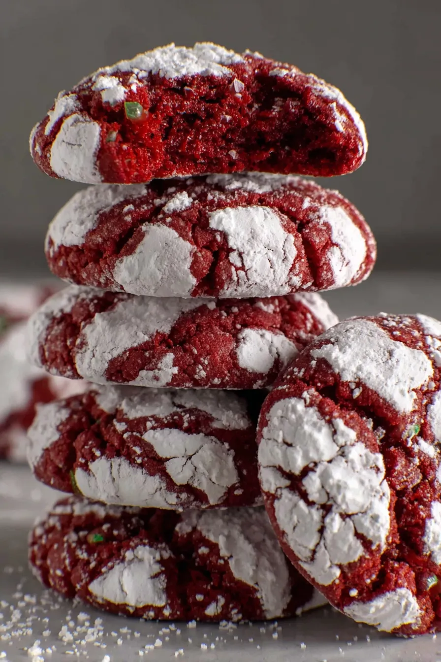 Close-up of powdered sugar and red cookie contrast