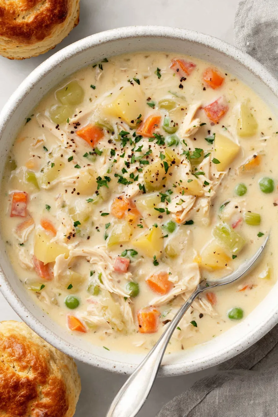 Creamy chicken pot pie soup in a bowl with biscuits