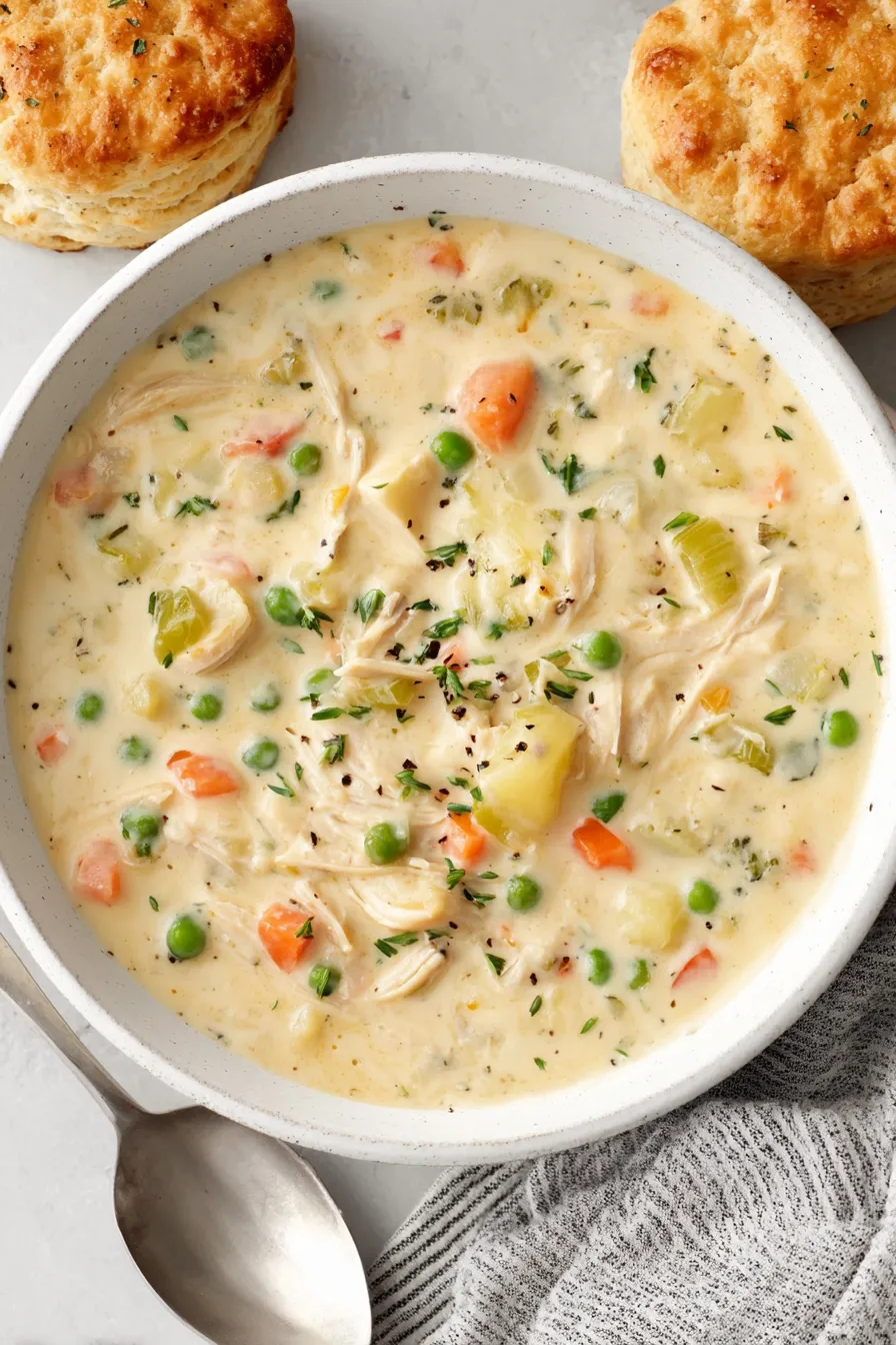 Close-up of ladle dipping into chicken pot pie soup